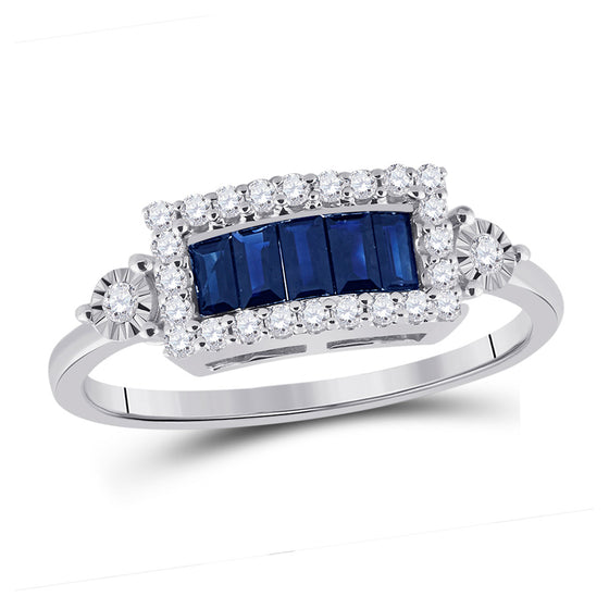 14k White Gold Womens Baguette Blue Sapphire Diamond Fashion Ring 3/4 Cttw