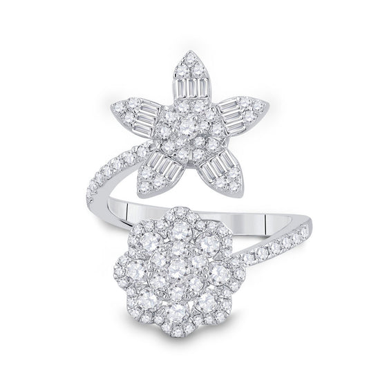 14k White Gold Womens Baguette Diamond Bypass Flower Cocktail Ring 1-1/3 Cttw