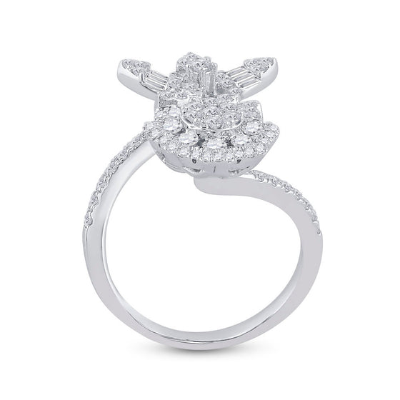 14k White Gold Womens Baguette Diamond Bypass Flower Cocktail Ring 1-1/3 Cttw