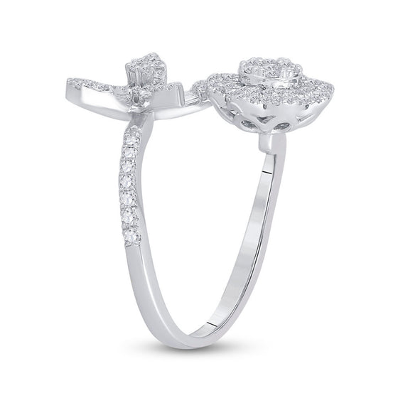 14k White Gold Womens Baguette Diamond Bypass Flower Cocktail Ring 1-1/3 Cttw