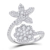 14k White Gold Womens Baguette Diamond Bypass Flower Cocktail Ring 1-1/3 Cttw