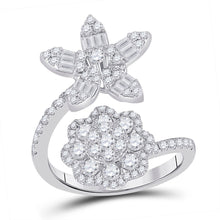  14k White Gold Womens Baguette Diamond Bypass Flower Cocktail Ring 1-1/3 Cttw