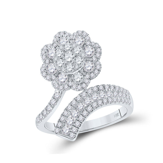 14k White Gold Womens Round Diamond Flower Bypass Cocktail Ring 1-1/2 Cttw