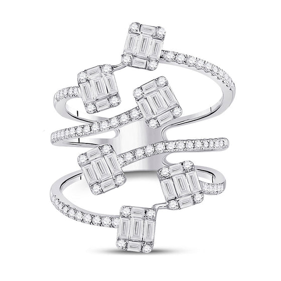 14k White Gold Womens Baguette Diamond Cluster Strand Fashion Ring 1 Cttw