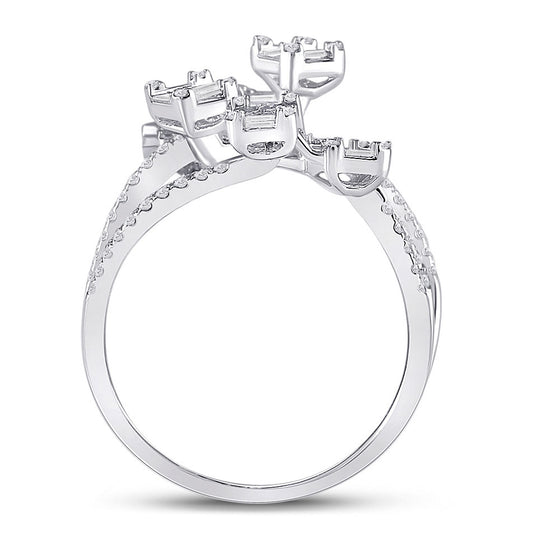 14k White Gold Womens Baguette Diamond Cluster Strand Fashion Ring 1 Cttw