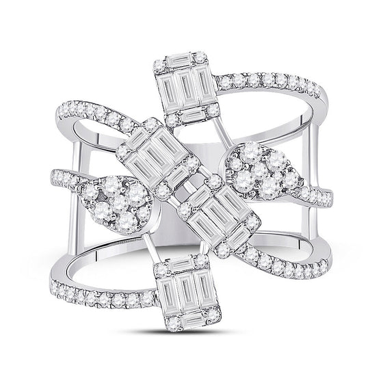 14k White Gold Womens Baguette Diamond Cluster Strand Fashion Ring 1-1/8 Cttw
