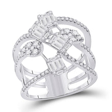  14k White Gold Womens Baguette Diamond Cluster Strand Fashion Ring 1-1/8 Cttw