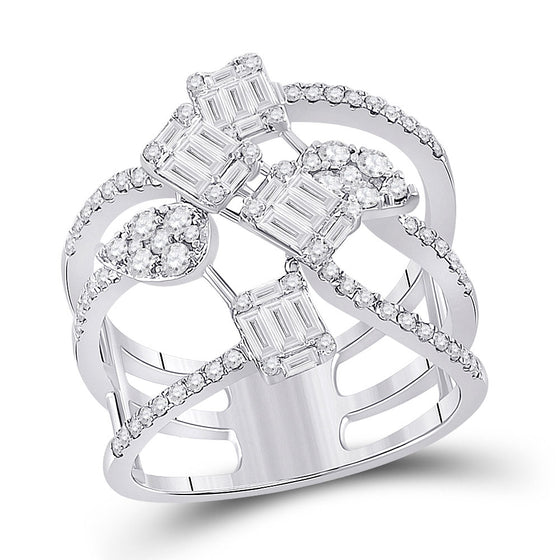 14k White Gold Womens Baguette Diamond Cluster Strand Fashion Ring 1-1/8 Cttw