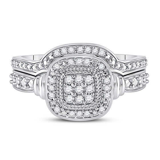 10k White Gold Round Diamond Square Bridal Wedding Ring Band Set 1/5 Cttw