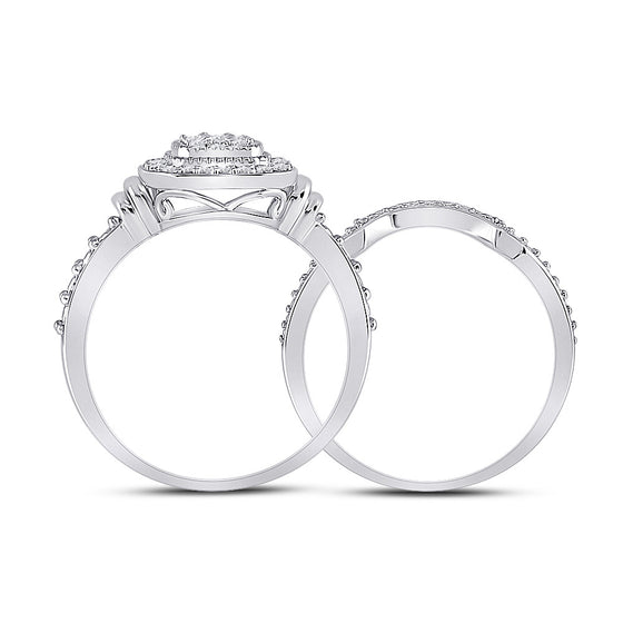 10k White Gold Round Diamond Square Bridal Wedding Ring Band Set 1/5 Cttw