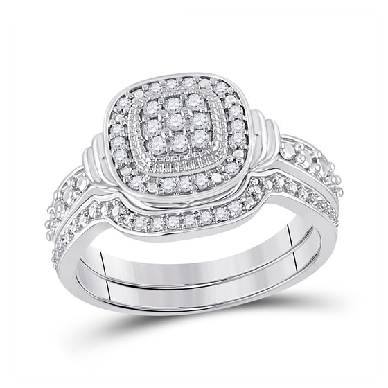 10k White Gold Round Diamond Square Bridal Wedding Ring Band Set 1/5 Cttw
