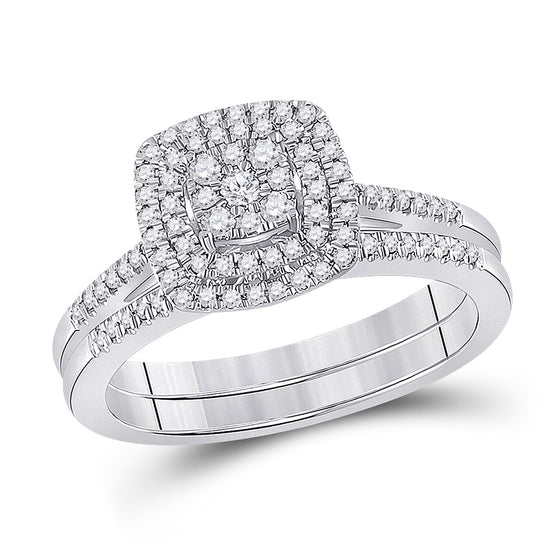 10k White Gold Round Diamond Square Bridal Wedding Ring Band Set 1/3 Cttw
