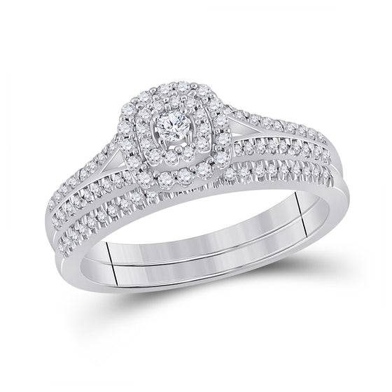 10k White Gold Round Diamond Halo Bridal Wedding Ring Band Set 1/3 Cttw