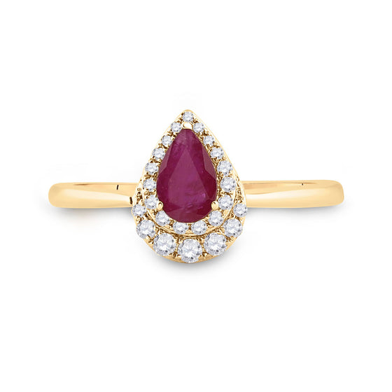 14k Yellow Gold Womens Pear Ruby Diamond Halo Solitaire Ring 3/4 Cttw