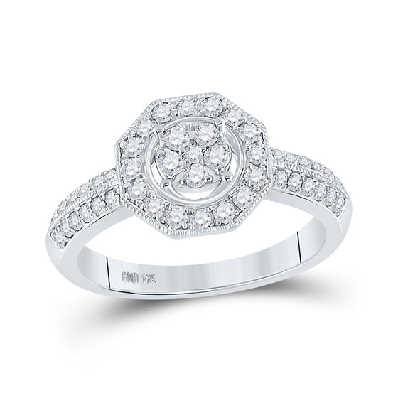 14k White Gold Womens Round Diamond Fashion Flower Cluster Ring 1/2 Cttw