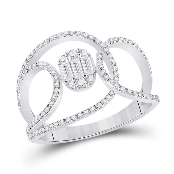 14k White Gold Womens Baguette Diamond Open Loop Cluster Fashion Ring 1/2 Cttw