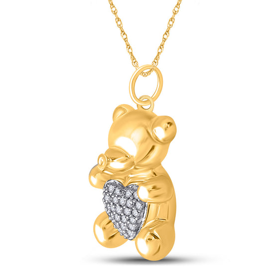 10k Yellow Gold Womens Round Diamond Bear Heart Animal Pendant 1/10 Cttw