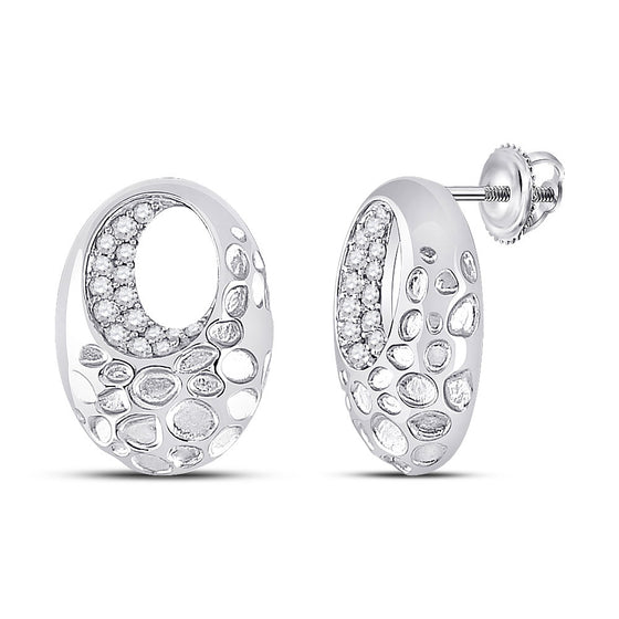 14k White Gold Womens Round Diamond Pitted Oval Earrings 1/5 Cttw