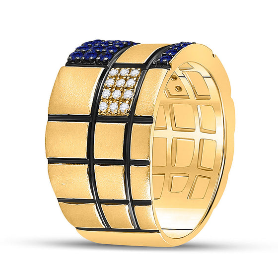 14k Yellow Gold Mens Round Blue Sapphire Checkered Band Ring 5/8 Cttw