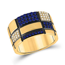  14k Yellow Gold Mens Round Blue Sapphire Checkered Band Ring 5/8 Cttw