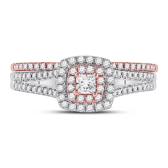 10k Two-tone Gold Princess Diamond Halo Bridal Wedding Ring Band Set 1/2 Cttw
