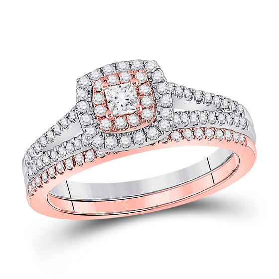 10k Two-tone Gold Princess Diamond Halo Bridal Wedding Ring Band Set 1/2 Cttw