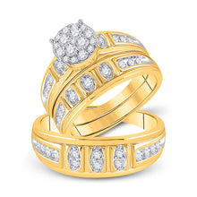  10k Yellow Gold His Hers Round Diamond Cluster Matching Wedding Set 1 Cttw