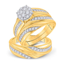  10k Yellow Gold His Hers Round Diamond Cluster Matching Wedding Set 1 Cttw