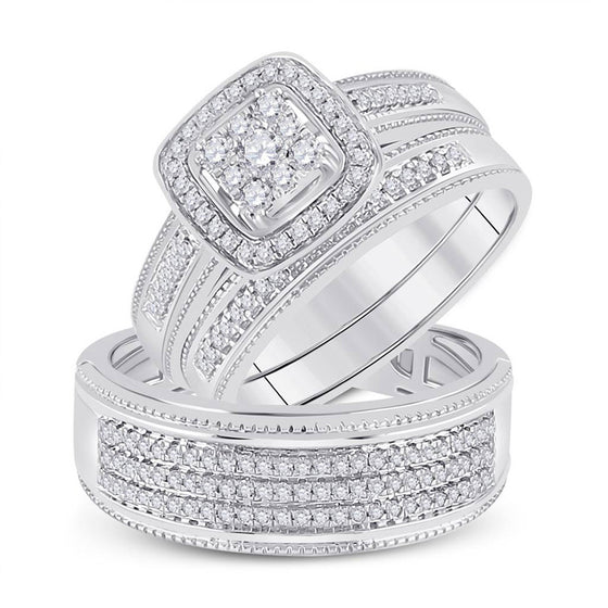 10k White Gold His Hers Round Diamond Square Matching Wedding Set 5/8 Cttw