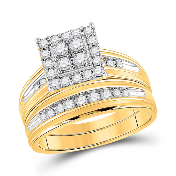 14k Yellow Gold His Hers Round Diamond Square Matching Wedding Set 1 Cttw