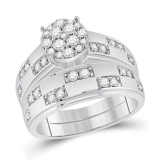 14k White Gold His Hers Round Diamond Cluster Matching Wedding Set 1 Cttw
