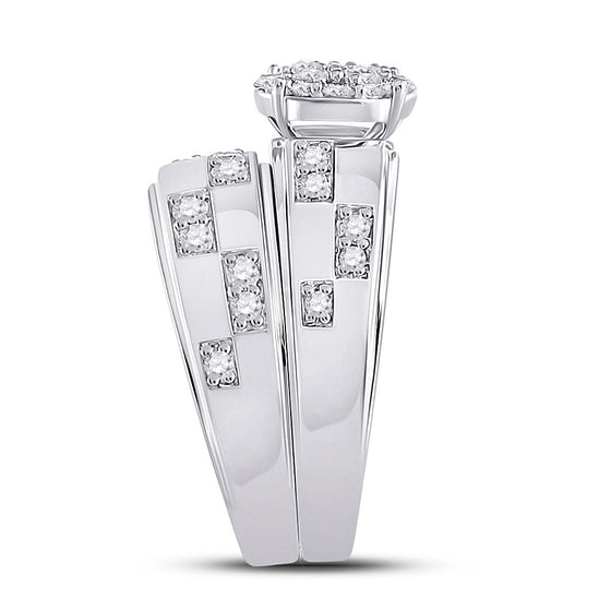 14k White Gold His Hers Round Diamond Cluster Matching Wedding Set 1 Cttw