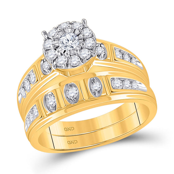 14k Yellow Gold His Hers Round Diamond Halo Matching Wedding Set 1 Cttw