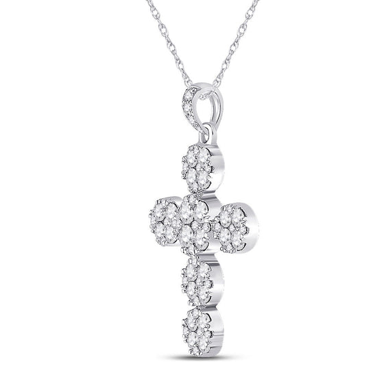 14k White Gold Womens Round Diamond Cluster Cross Pendant 1-1/3 Cttw