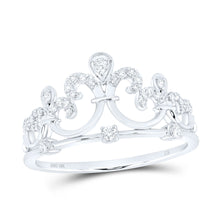  10k White Gold Womens Round Diamond Fleur Crown Tiara Fashion Ring 1/5 Cttw