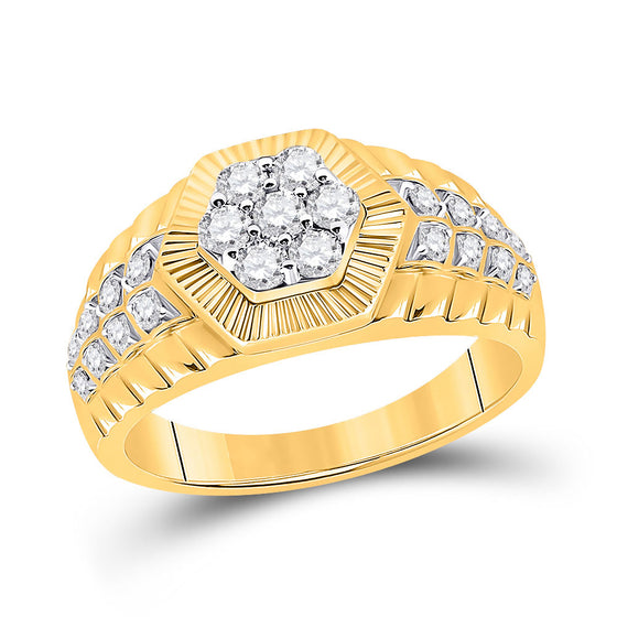 10k Yellow Gold Mens Round Diamond Hexagon Flower Cluster Ring 3/4 Cttw