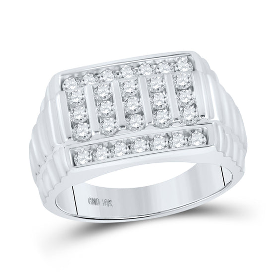 10k White Gold Mens Round Diamond Ribbed Ring 1 Cttw