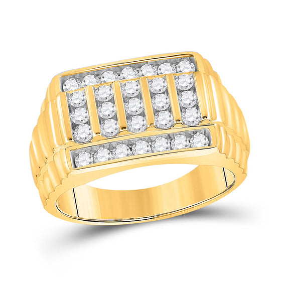 10k Yellow Gold Mens Round Diamond Ribbed Fashion Ring 1 Cttw