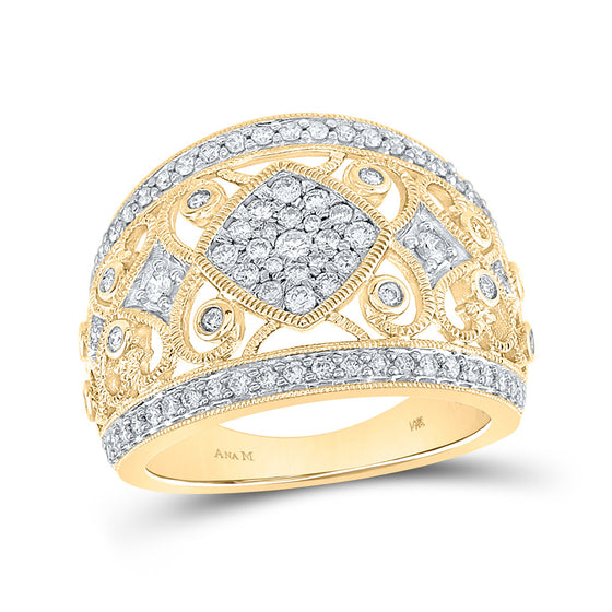 14k Yellow Gold Womens Round Diamond Filigree Fashion Ring 3/4 Cttw