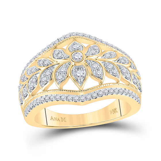 14k Yellow Gold Womens Round Diamond Floral Fashion Ring 1/2 Cttw