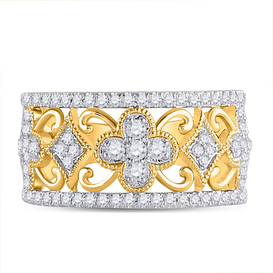 14k Yellow Gold Womens Round Diamond Clover Square Band Ring 5/8 Cttw
