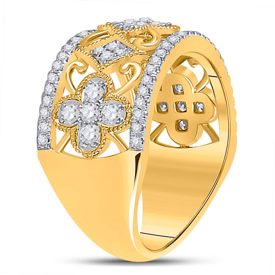 14k Yellow Gold Womens Round Diamond Clover Square Band Ring 5/8 Cttw
