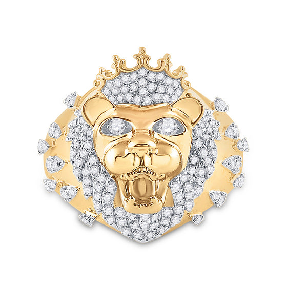 10k Yellow Gold Mens Round Diamond Lion Head Crown Animal Ring 7/8 Cttw