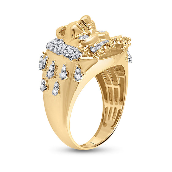 10k Yellow Gold Mens Round Diamond Lion Head Crown Animal Ring 7/8 Cttw