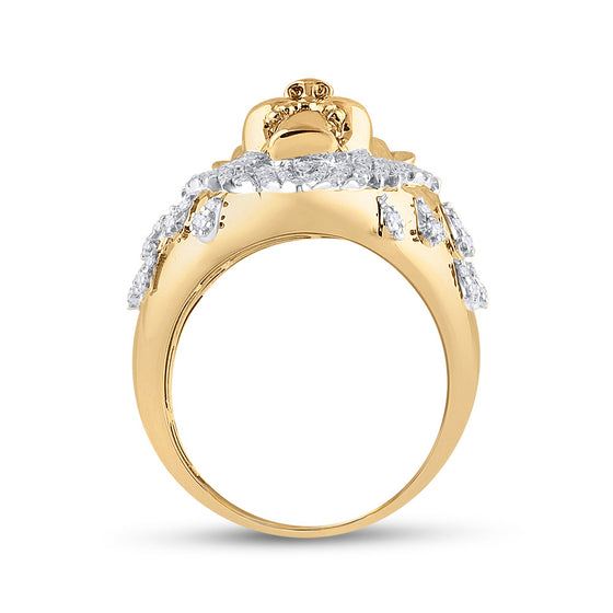10k Yellow Gold Mens Round Diamond Lion Head Crown Animal Ring 7/8 Cttw