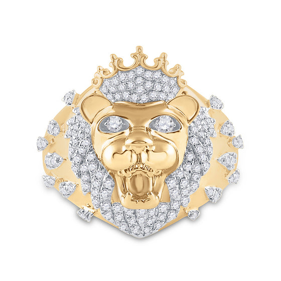 10k Yellow Gold Mens Round Diamond Lion Head Crown Animal Ring 7/8 Cttw