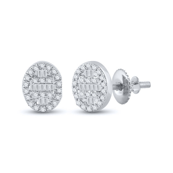 10k White Gold Womens Baguette Diamond Oval Cluster Earrings 1/4 Cttw