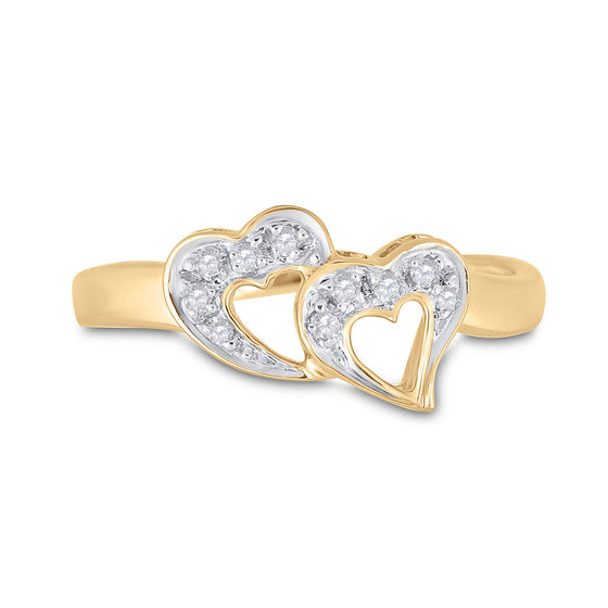 10k Yellow Gold Womens Round Diamond Double Heart Ring 1/20 Cttw