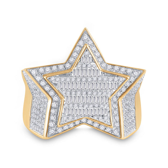 10k Yellow Gold Mens Baguette Diamond Statement Star Ring 1-1/4 Cttw