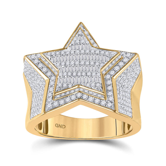 10k Yellow Gold Mens Baguette Diamond Statement Star Ring 1-1/4 Cttw